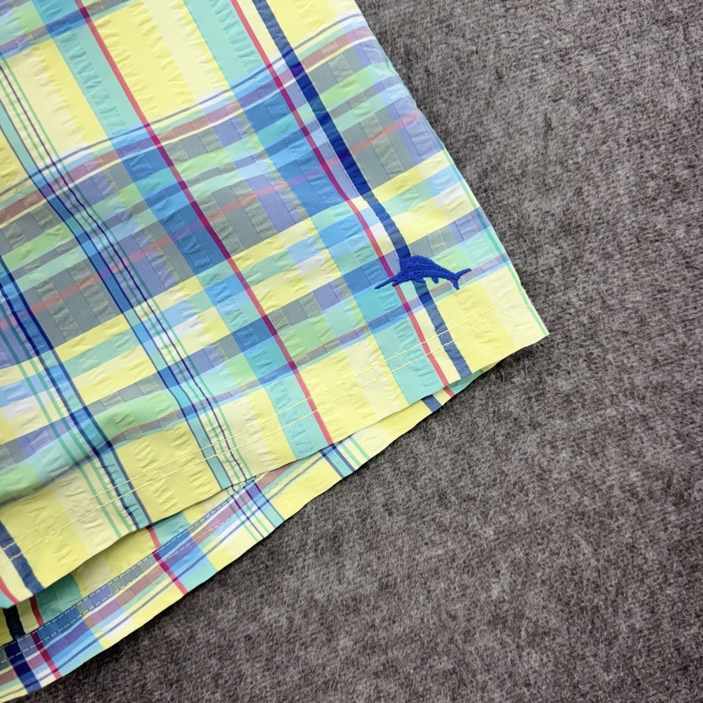 Tommy Bahama Relax Swim Trunks Mens L Yellow Blue Plaid Seersucker Marlin Lined